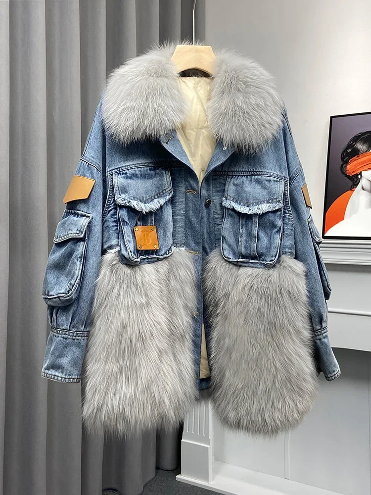 Faux Fox Fur Winter Warm Bomber Women\'s Winter Jacket Coat Female Jeans Jacket Basic Ladies Top Windbreaker Denim Jackets