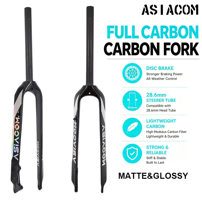 ASIACOM Full Carbon MTB Rigid Fork, 28.6mm Steerer Tube, Laser Logo Mountain Bike Disc Brake Hard Fork Bicycle Replacement Parts