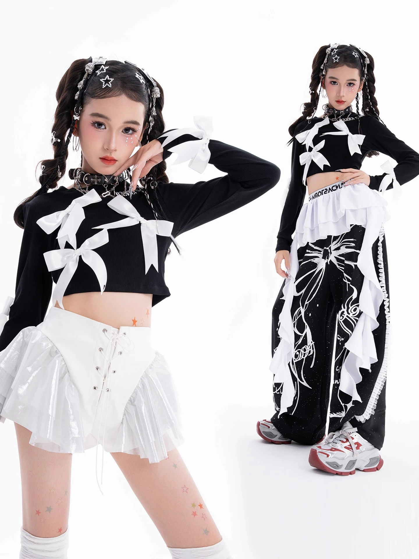 Süße Bowtie Mädchen Jazz Dance Kleidung Schwarz Tops Hosen Mode Street Wear Kinder Laufsteg Konzert Outfits Hiphop Show Tragen BL17651