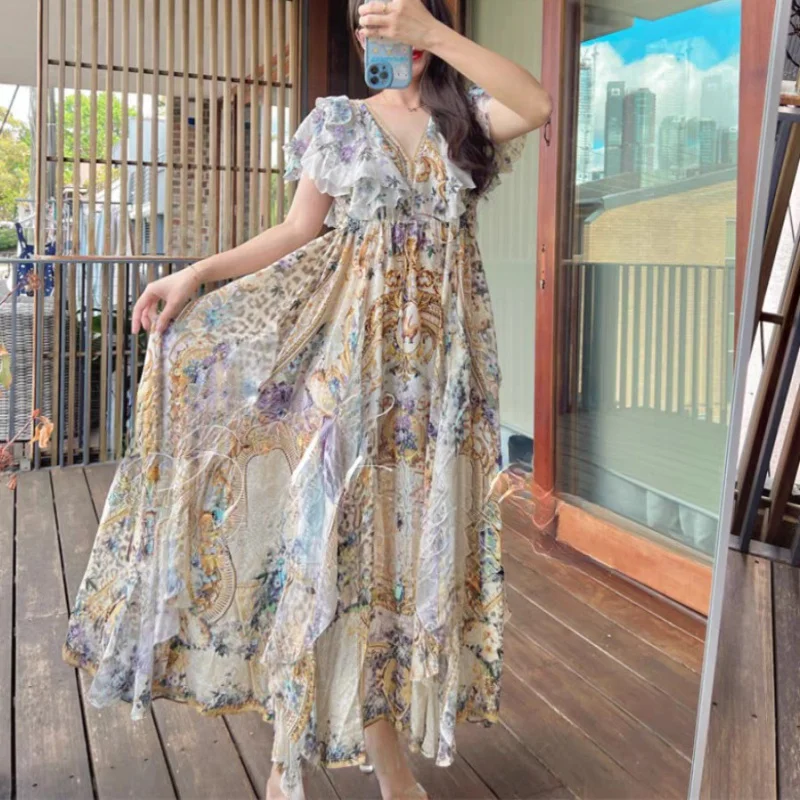 

2024Summer New Australian Fashion Brand FloralVCollar Height Waistline Long Short Sleeve Silk Dress Waist-Tight Temperament