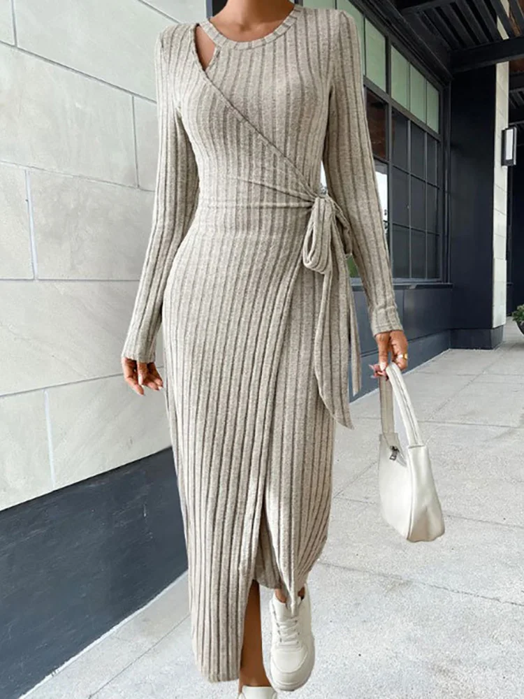 

Long Sleeve Patchwork Knitting Maxi Dress, Women Loungewear O-Neck Fashion Party Dress, Autumn Winter Solid Lace-Up Ladies Dress