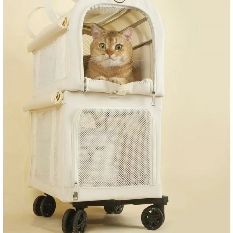 High Aesthetic Pet Trolley Box 2-layers Design Cat Basket Breathable Comfortable Transport Case Convenient Travel Pet Trolley