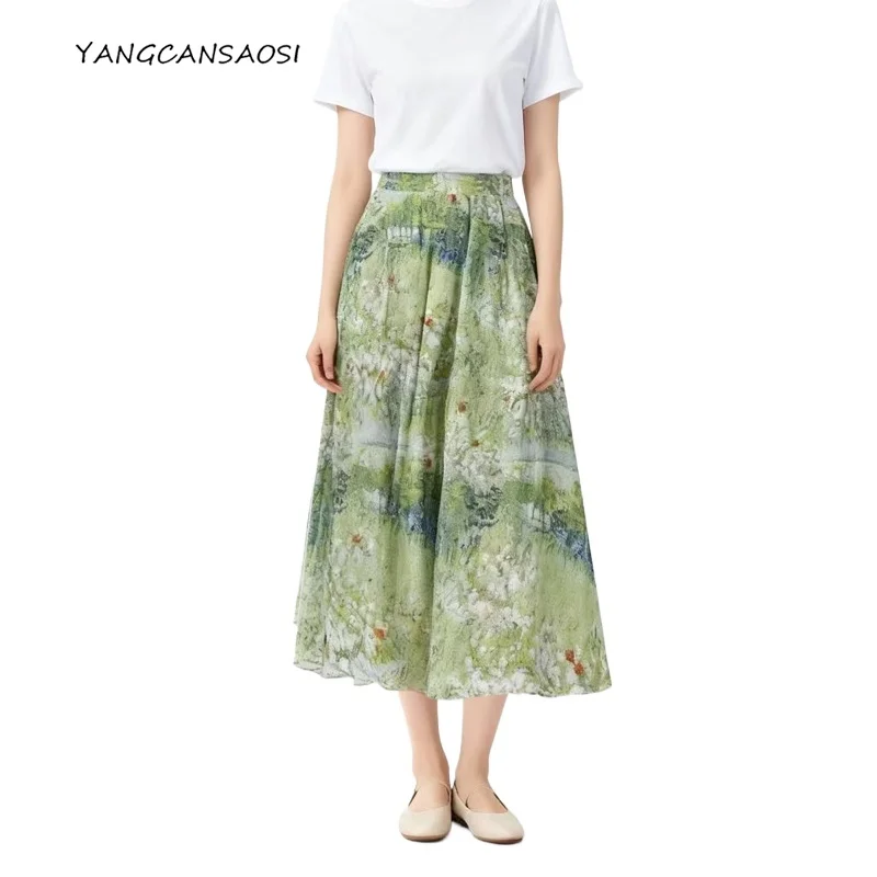 

Women's Summer New Oil Painting 100% Natural Mulberry Silk Crepe De Chine Elegant Large Swing Vacation Style Casual Skirt