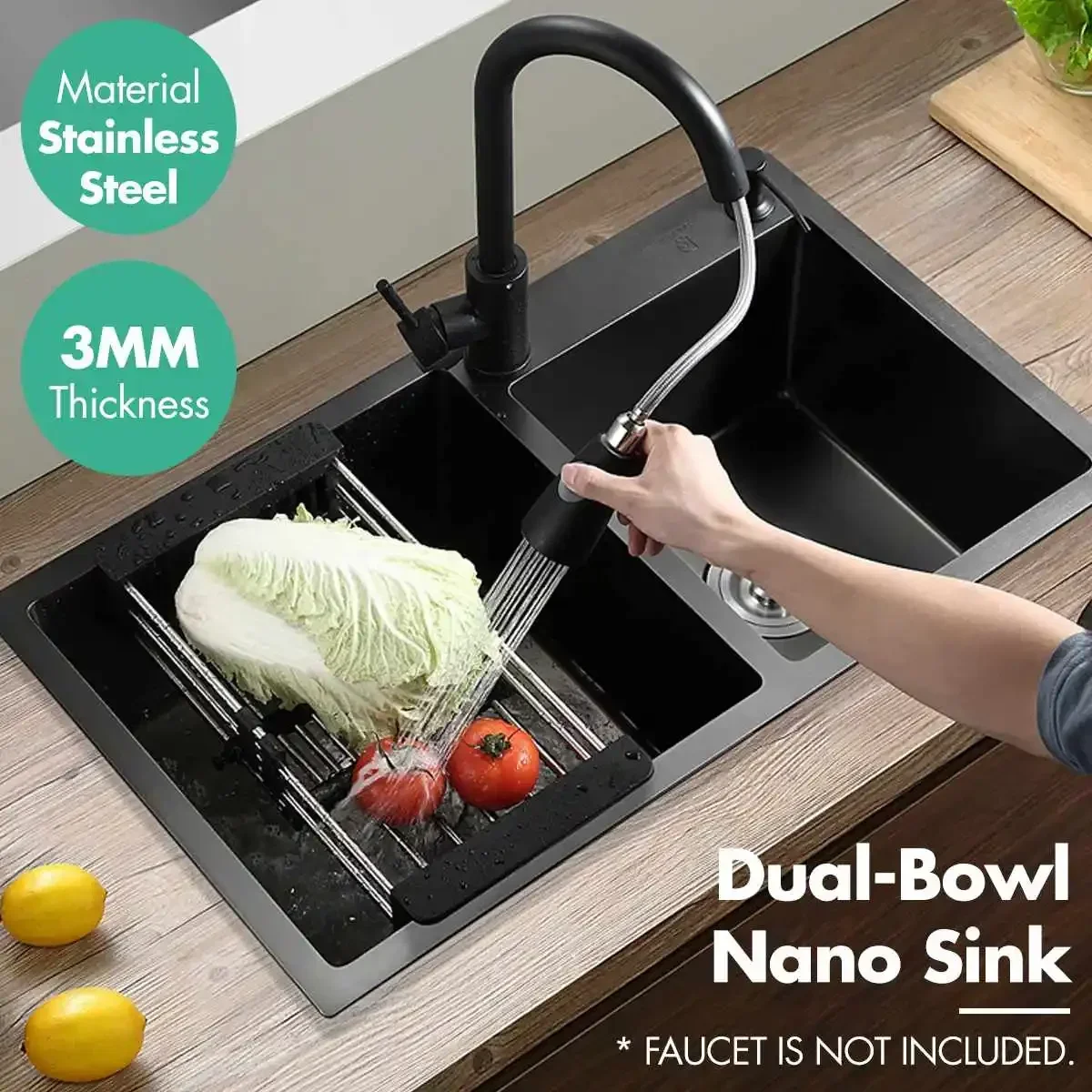 Stainless Steel Dual-Bowl Kitchen Sink Home Counter Basin Drain Basket Dish Washing Tank Kitchen Fixture 3mm 720x400x220mm