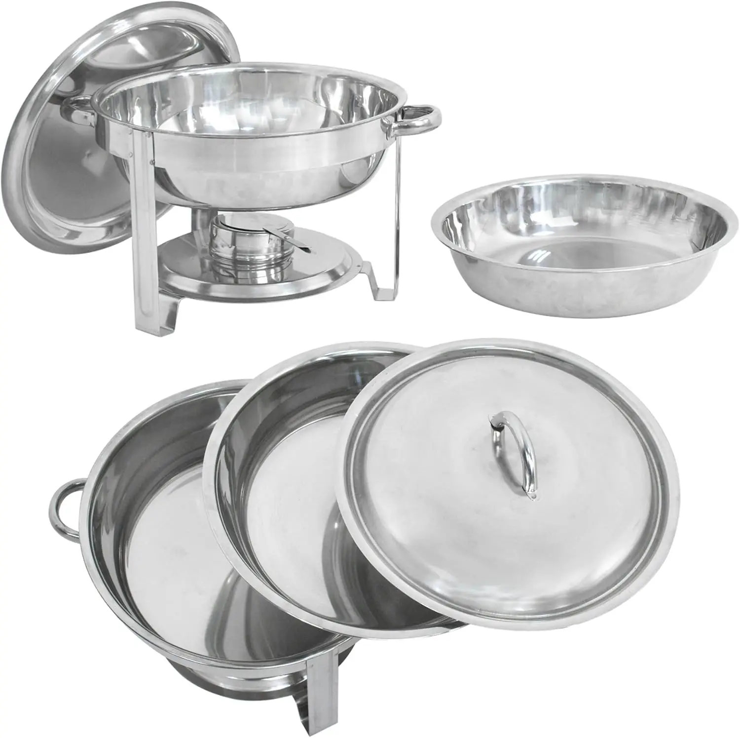 F2C 6 Pack of Stainless Steel Round Chafing Dish Buffet Set Chafer Warmer Set with Trays Pan Lid Folding Frame Stand for