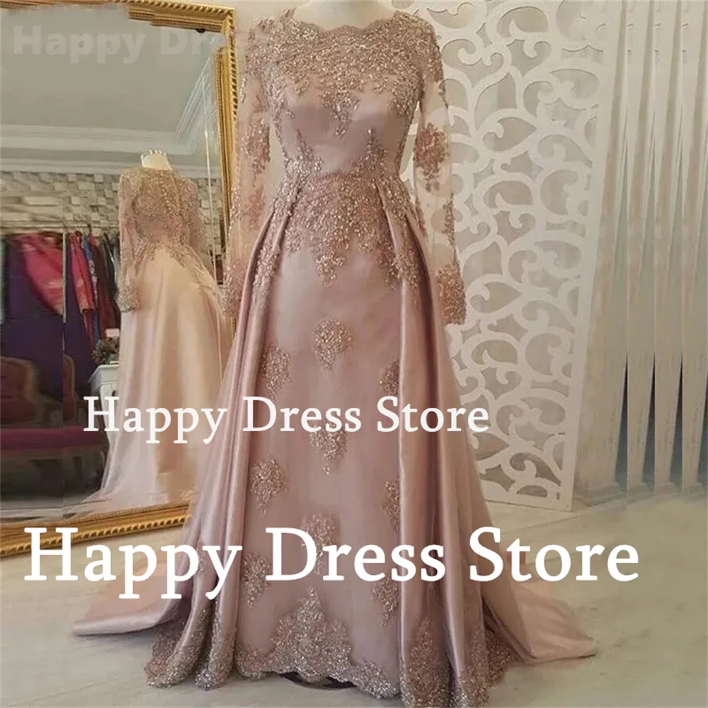 New Arab Muslim Luxury Formal Dress O-Neck Long Sleeve Evening Dress Lace Appliques Detachable Train Mermaid Prom Party Dress