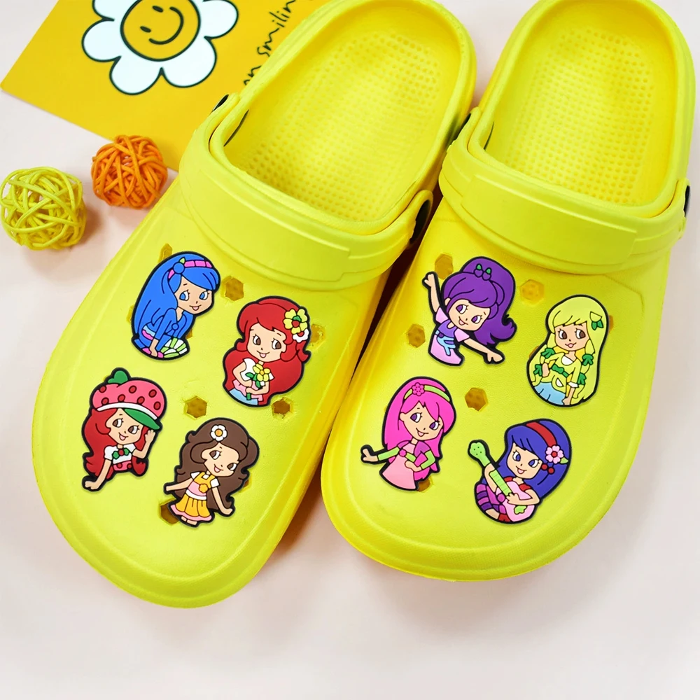 Cute 8PCS Cartoon Strawberry Girl Shoe Charm Mix Wholesale PVC Decoration Buckle Sandal Shoe Detachable Waterproof To Xmas Gift