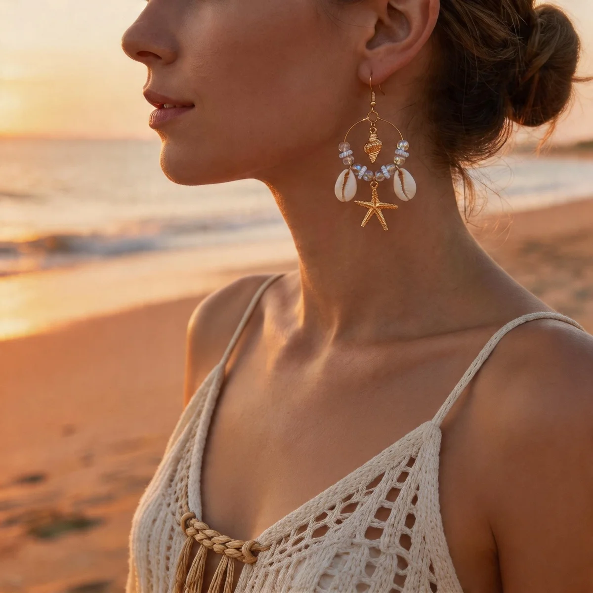 Kristall-Kreis Muschel Seestern Quasten-Ohrringe für Damen und Herren Boho Ozean Seepferdchen Ohrringe Trendiger Sommer-Strandschmuck – Detail 5