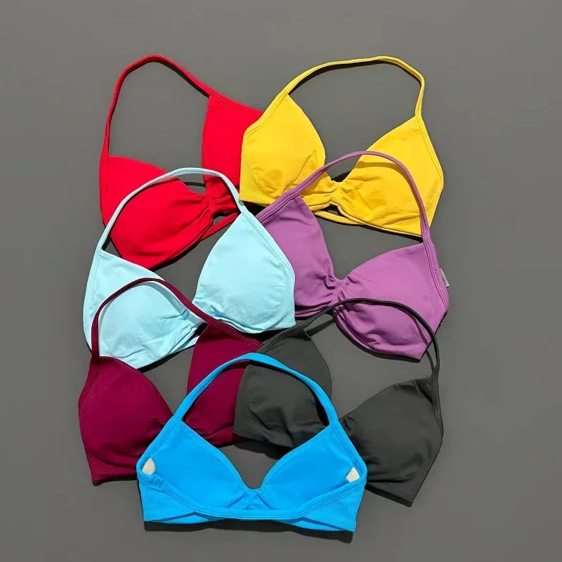 HISTELLO Strappy Bra Gym Top Women High Support Thin Strap Halter Sports Seamless Bras Scrunch Push-up Workout Yoga Tank Tops