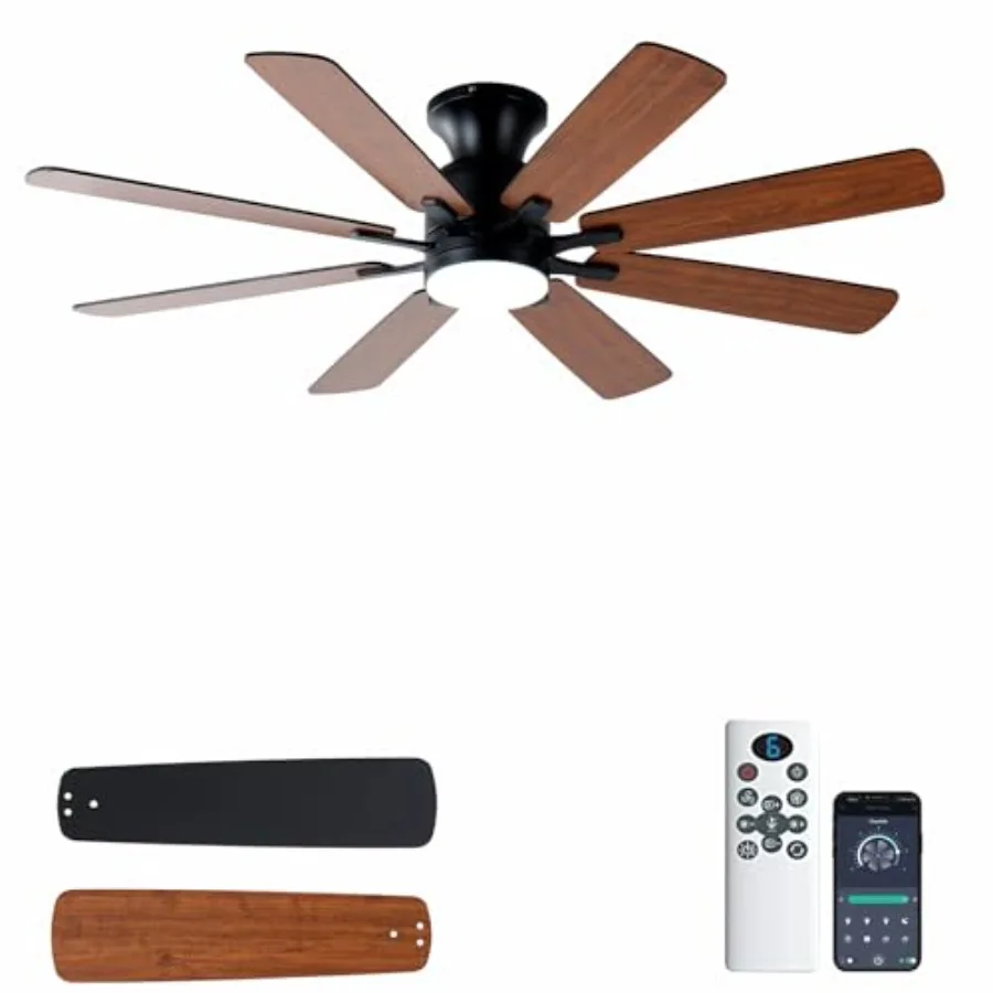 

52 Inch Low Profile Ceiling Fan with Light for Bedroom Living Room Indoor/Outdoor, Brown ABS Blades, Noiseless DC Motor, Flush