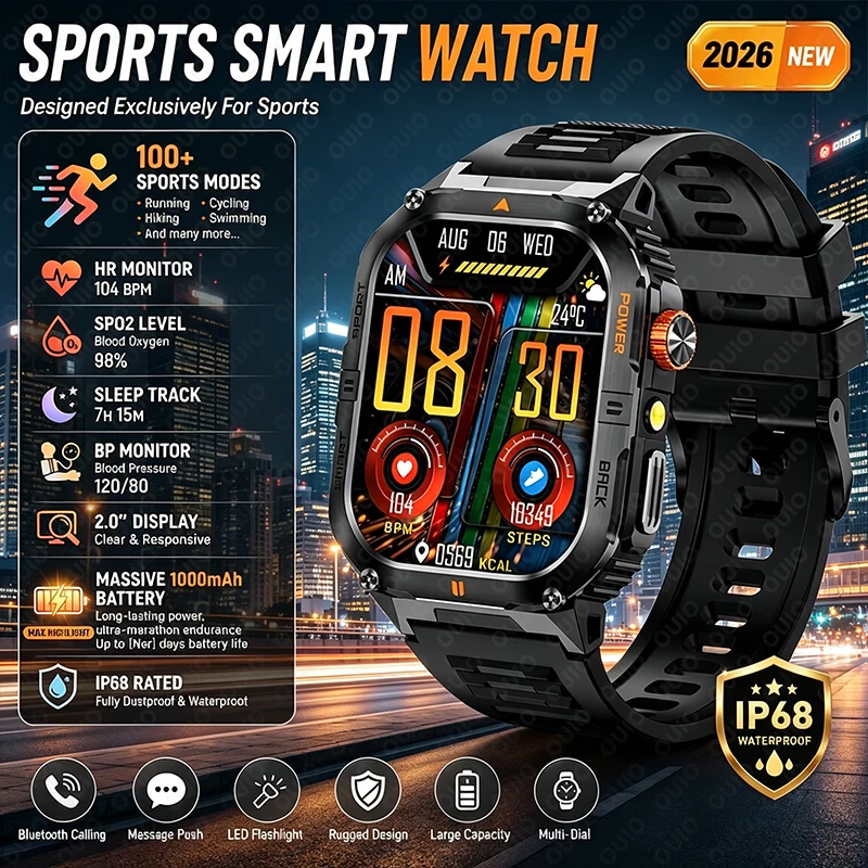 

2026 Smart Watch 100+ Sports Mode LED Flashlight 1000 MAh Large Battery Bluetooth Call Heart Rate Health Monitoring Smart Watch
