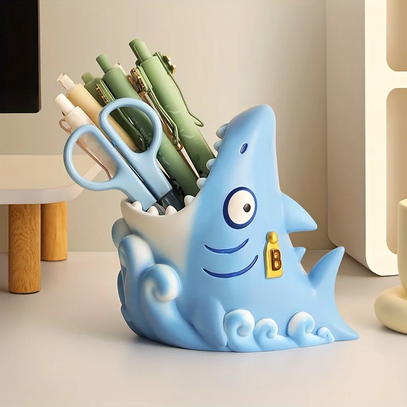 منظم مكتب لطيف على شكل قرش، حامل أقلام من الراتنج ورف لديكور المكتب والمدرسة، هدية عيد ميلاد للطلاب المحترفين