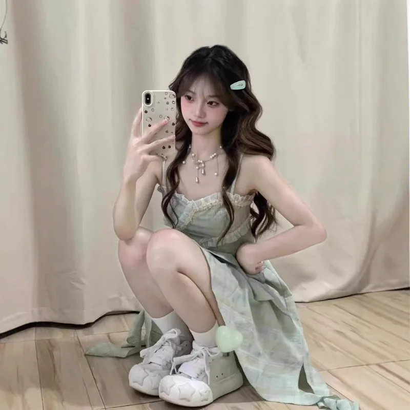 2023 neue Streetwear Französisch Süße Würzig Grün Liebsten Puffy Prinzessin Stil Midi Kleid Lolita Frauen Sommer Asymmetrische Kleider