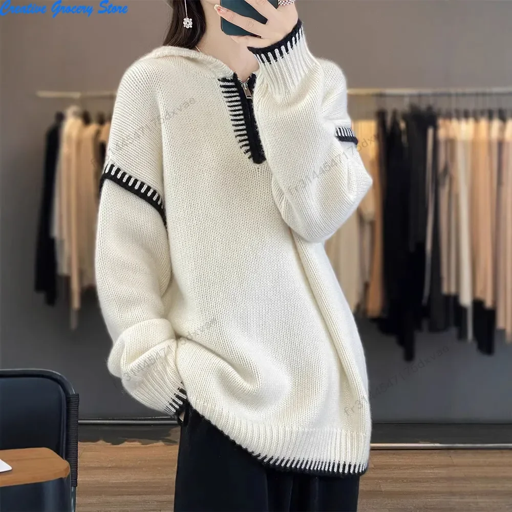 

Женский свободный длинный шерстяной вязаный свитер на молнии с капюшоном, верхняя одежда, осень-зима, утепленный однотонный однотонный свитер с длинными рукавами и круглым вырезом