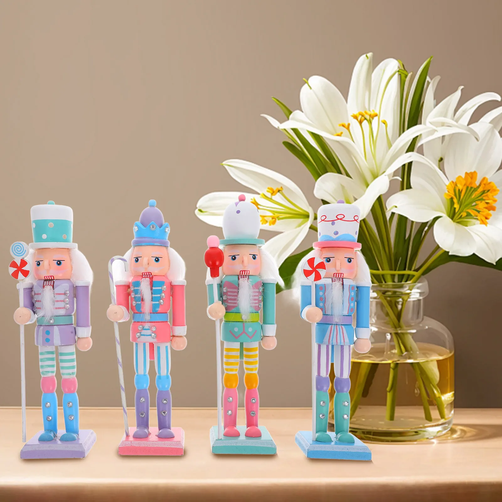 

4Pcs Wooden Nutcracker Christmas Ornaments Classic Soldier Decoration Xmas Desktop Decor Wood Nutcracker Figure Holiday Party