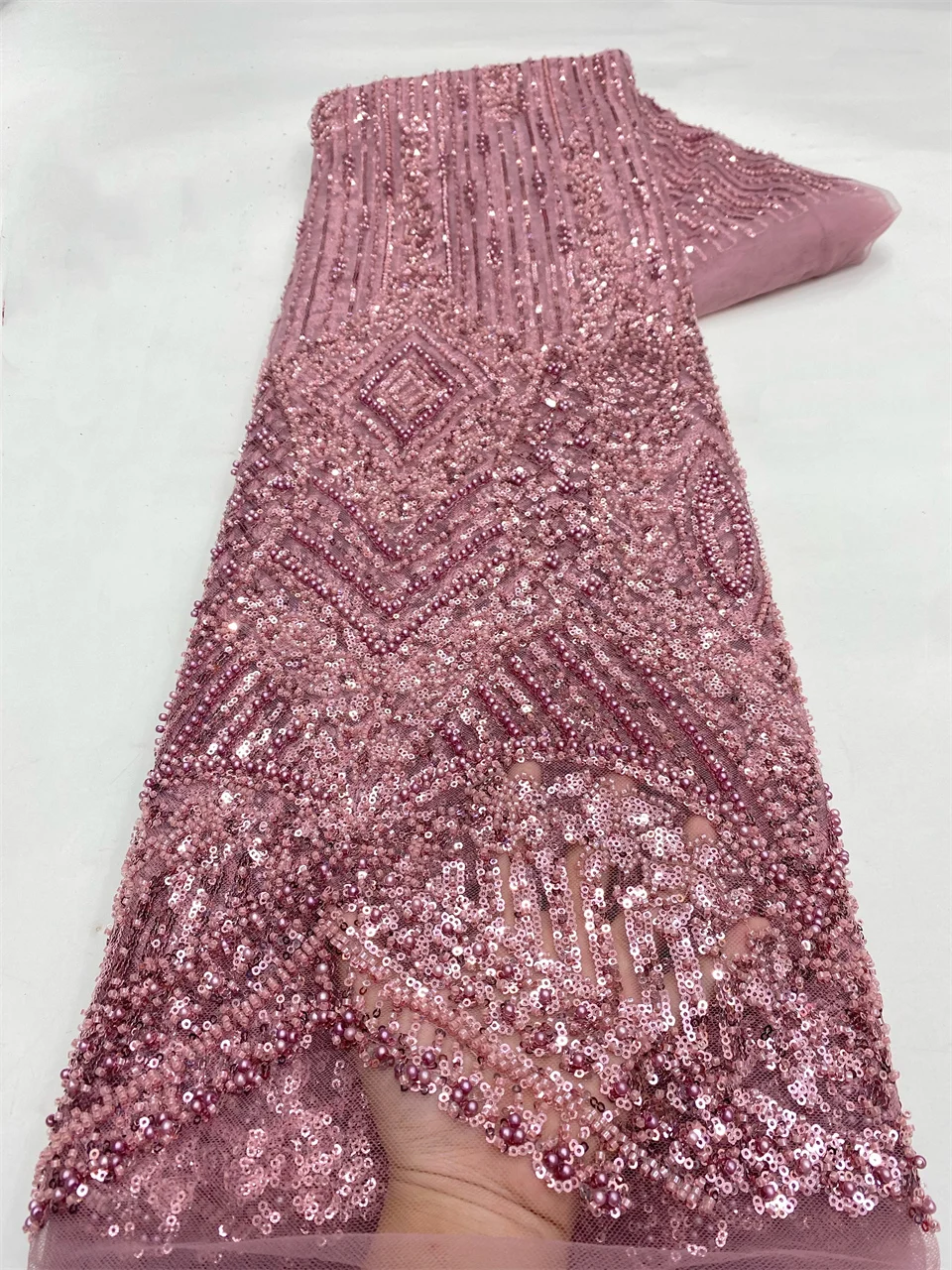 

African Luxury Beaded Tulle Lace Fabric 2025 Nigerian Handmade Heavy Sequins Lace Fabric Fro Bridal Wedding Dress Party HXZ6344