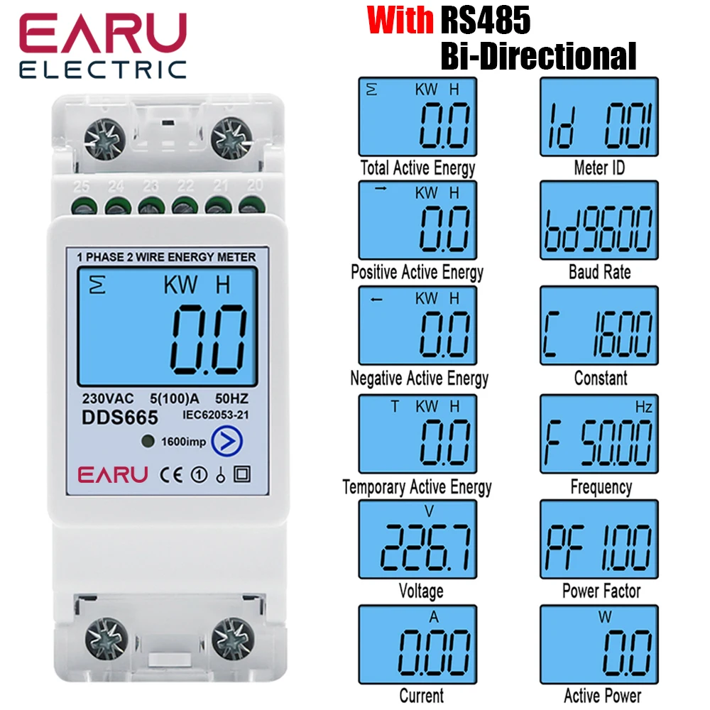 Multifunction 230V 100A Bi-Directional Energy Meter Reset Zero Kwh Solar PV Power Voltage Current Frequency RS485 Communication