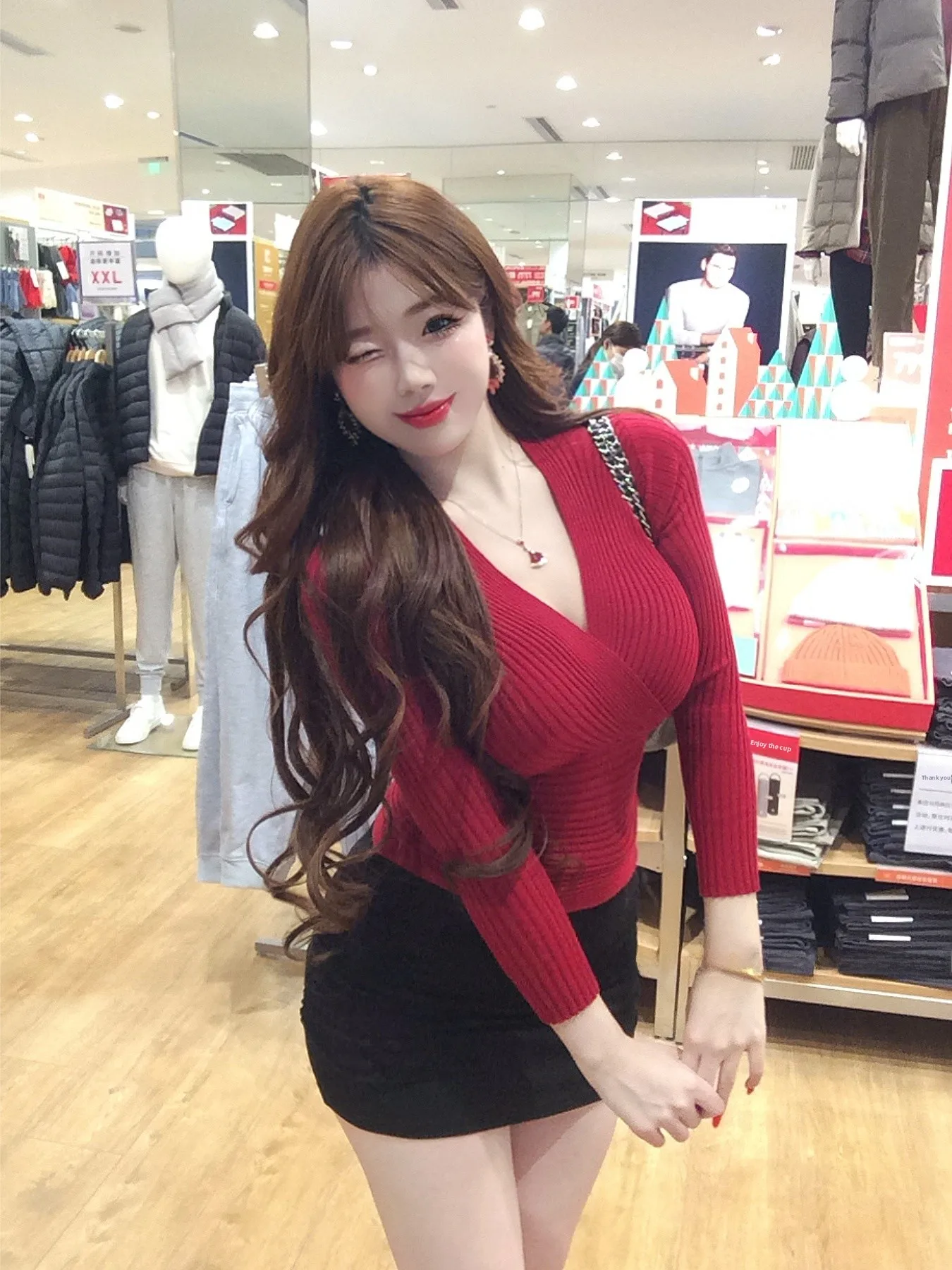 

Charming V-ne Crossed Soft Slim-fit Autumn Winter Long Sve Women's Top And Skirt Set Korean Sle Commute Faion