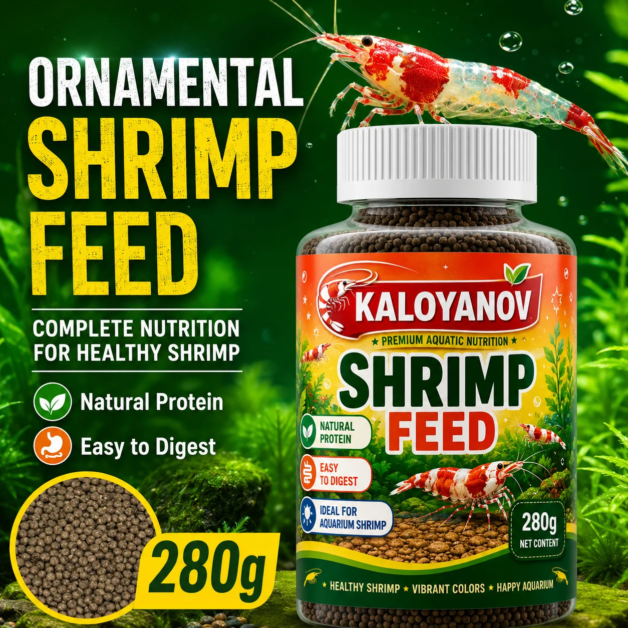 Alimento para Camarones de Acuario de 280g, Proteína Natural, Fácil Digestión, Pellets Hundibles, Color Vibrante, Alimento para Peceras, Suministros para Mascotas