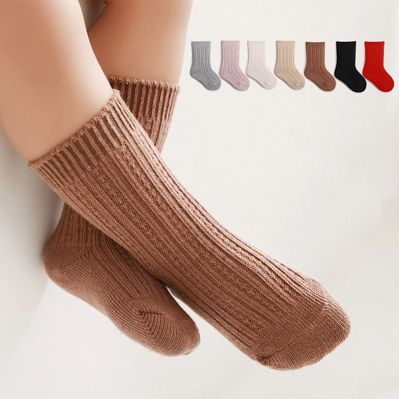 Solid Color Baby Cotton Socks Autumn Winter Knit Sock Middle Tube Sock Newborn Footwear Thick Warm Boy Girl Kids Sokken Sox 여아양말