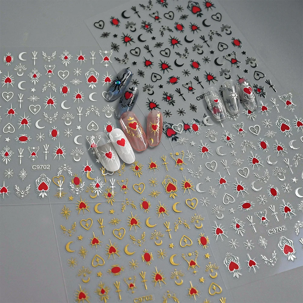 8 pièces/ensemble 3D bronzant argent coeur ongles autocollants métal Starlight lune soleil holographique ongles curseur Y2K Nail Art décalcomanie manucure Acc