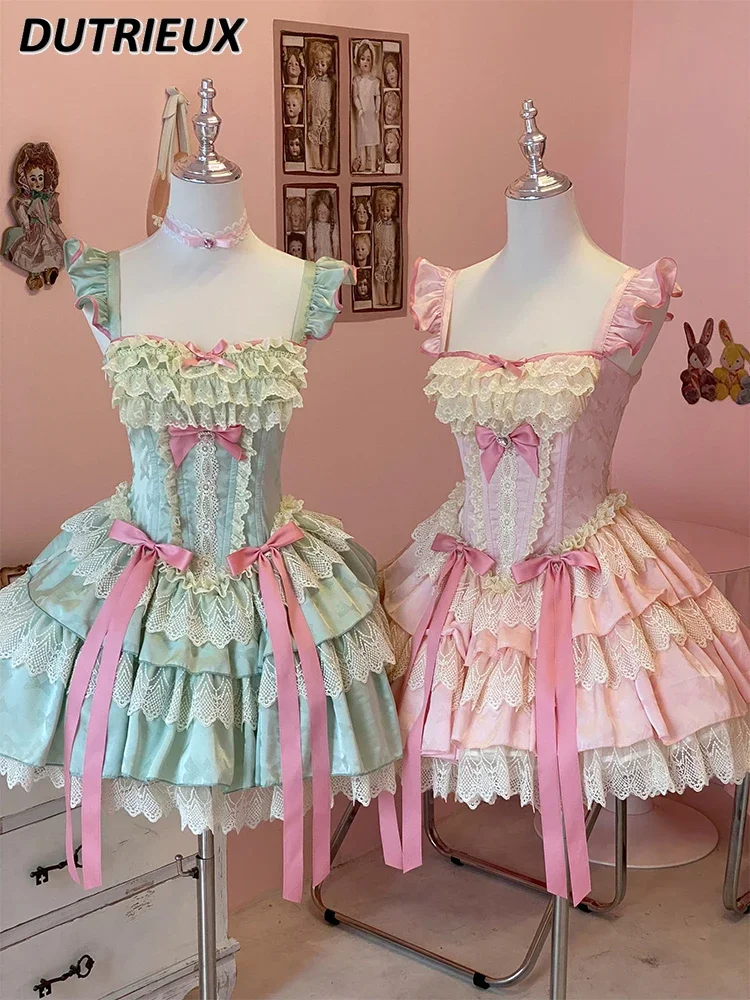 

Sweet Cute Girl Bow Printed Lady Lolita Dress Fashion Elegant Casual Flying Sleeves Summer Elegant Short Dresses for Women
