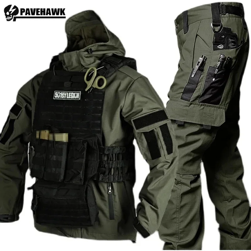 Jaqueta tática Soft Shell e calças de carga masculina, terno de treinamento de combate, desgaste do trabalho ao ar livre, jaquetas SWAT militares com capuz, conjunto 2 pcs