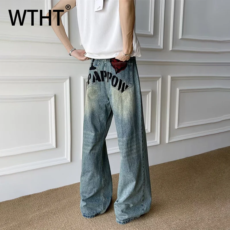 

WTHT Fashion Men's Letter Print Gradient High Street Denim Pants Trendy American Style Wide Leg Jeans Male 2026 Summer 2A2929