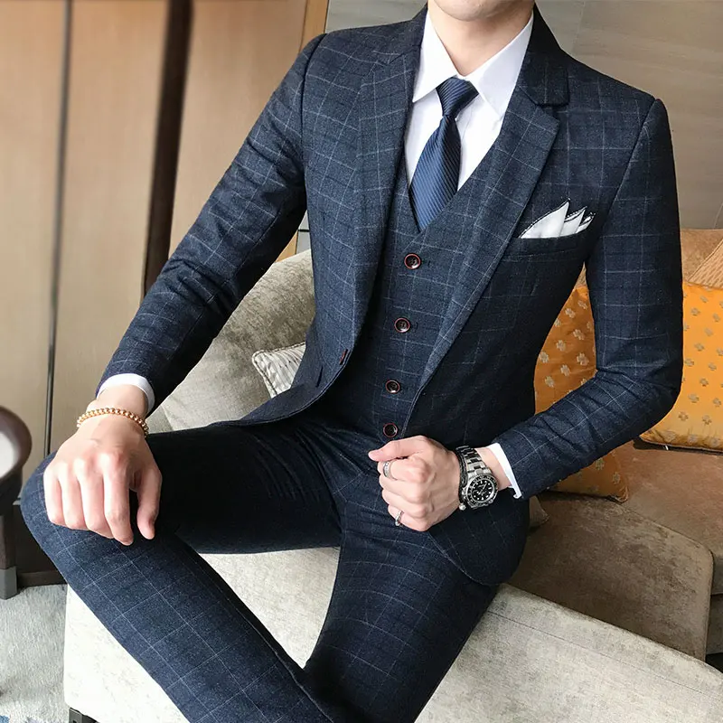 

(Blazer+Pants+Vest) Luxury Men Suit 3 Piece Set Fashion Boutique Lattice Groom Wedding Dress Men's Tuxedo Men Banquet Club Dress