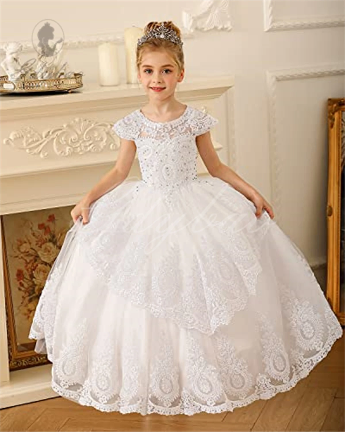 wedding Beaded Lace Appliques Flower Girl Dress First Communion Ball Gown Kids Pageant Prom Dresses