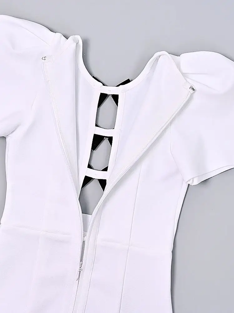 فاخر كريستال القوس ضمادة ثقب المفتاح فستان سهرة أبيض جوفاء قصيرة الأكمام الخريف فستان الحفلات مع حجر النساء المشاهير