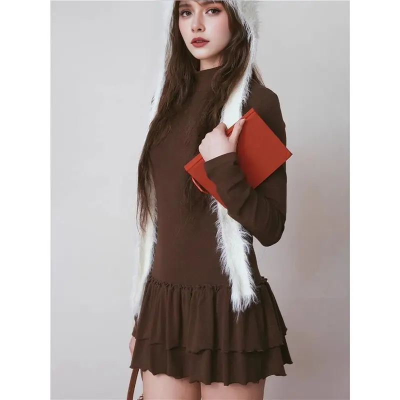 Kf-vestidos femininos de manga comprida, gola simulada, roupas y2k, babado, em camadas, bodycon, mini vestido de festa, imperdível
