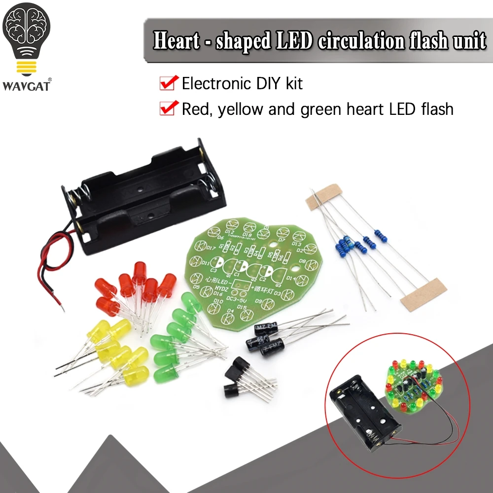 Red Yellow Green heart-shaped LED circulating lamp parts electronic production flashlight DIY kit Student Electronic Laboratory