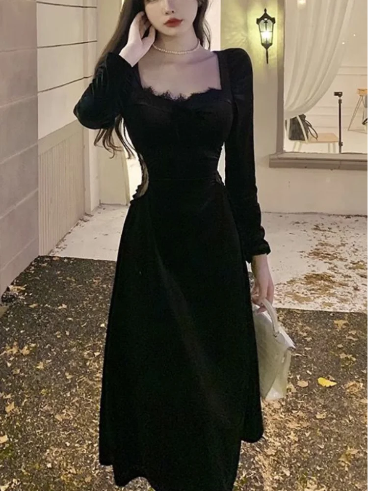 

Gothic Vintage Balck Long Sleeve Dress Woman Elegant Fashion Velvet Midi Dress Korean Style Even Party Dress Casual 2024 Autumn