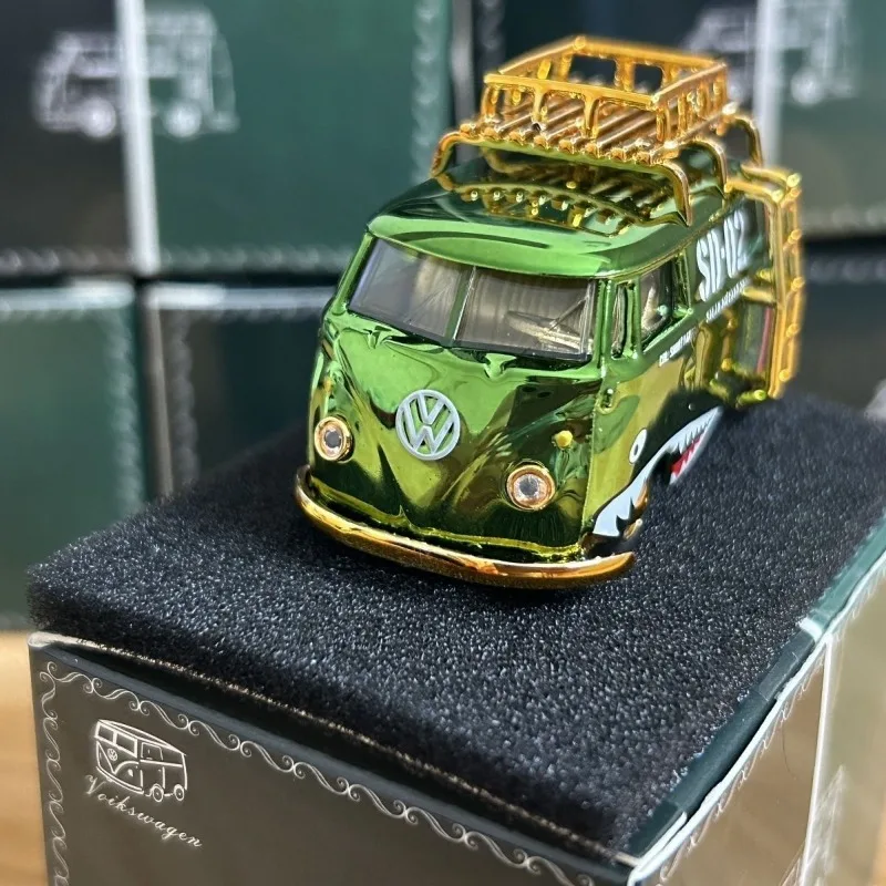 دييكاست نموذج سيارة 1/64 VW T1 الشمع القرع عربة سيارة ModeIShark الأخضر سيارة لعب المركبات لعب للأولاد