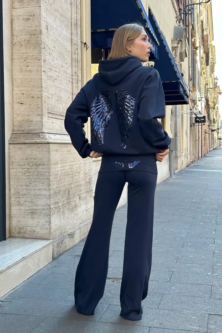 Pailletten-Engelsflügel-Kapuzenpullover für Damen, lockere Langarm-Pullover, Oberteil, schlanke Yoga-Hose, Set, 2025, neue lässige Damen-Zweiteiler-Sets