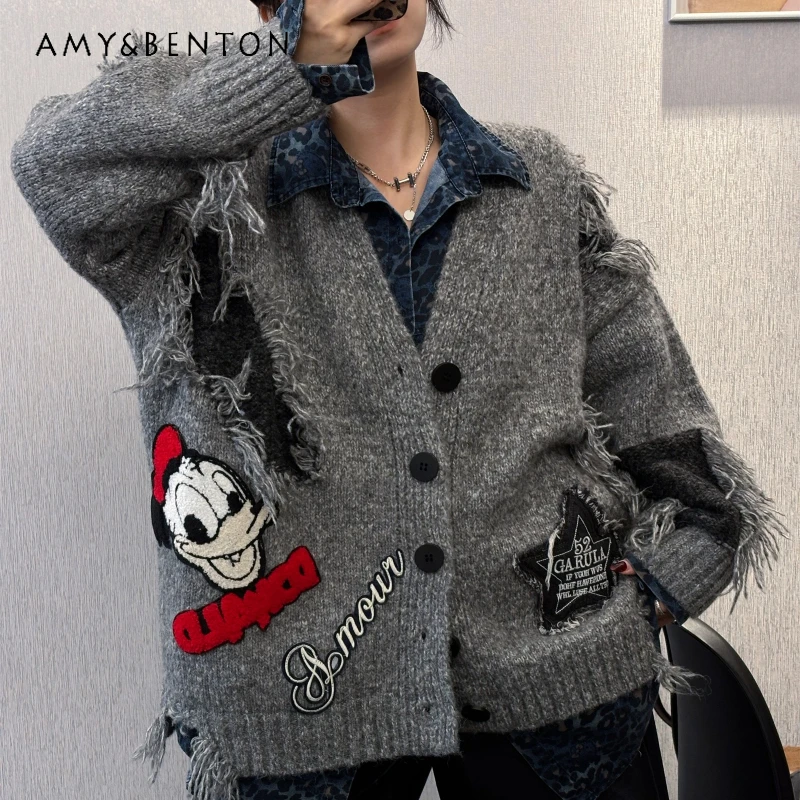 

Cartoon Letter Distressed Mid-Length Oversized Knitted Sweater Vintage Fashion Brand Autumn Winter New Cardigan Jacket For Women