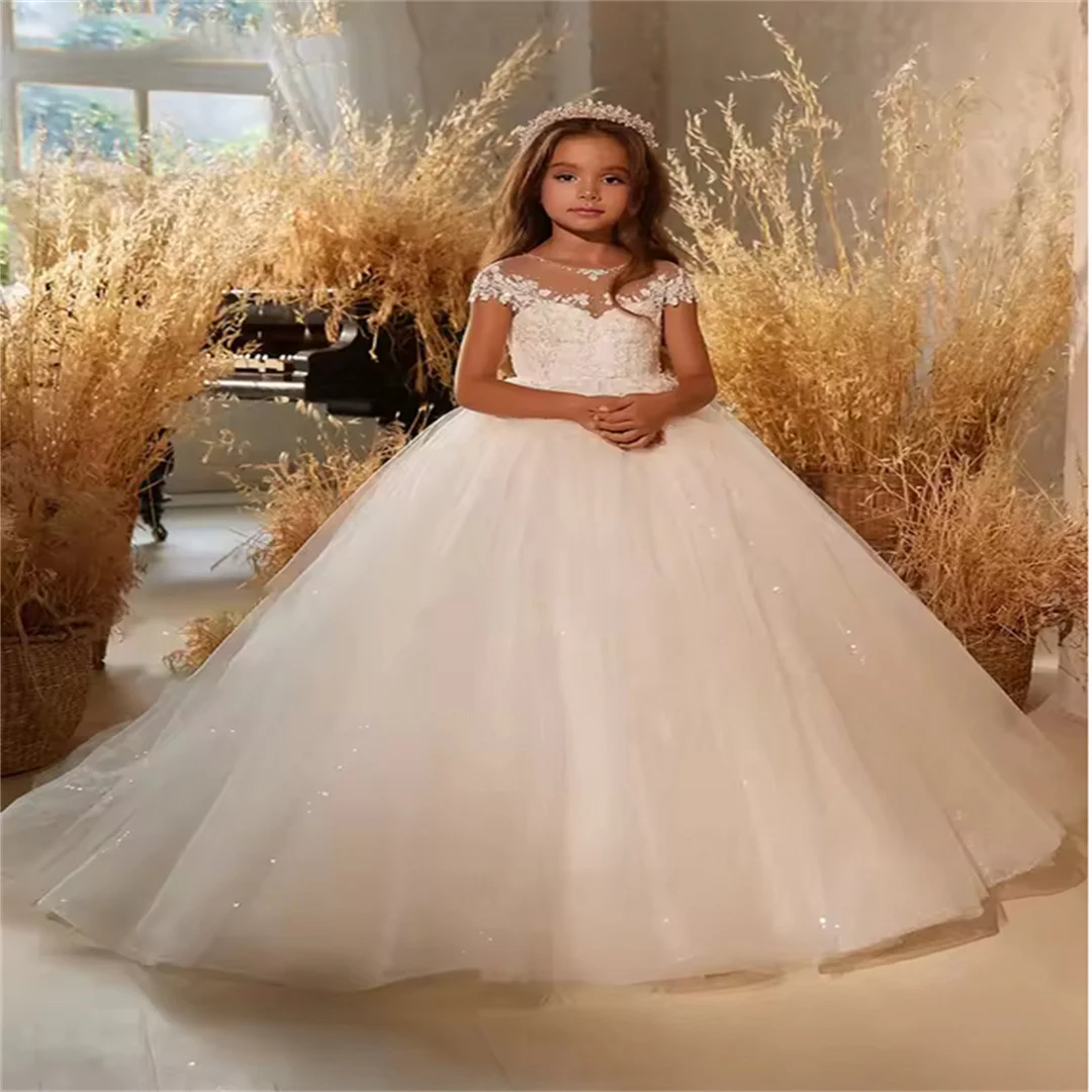 Ivory Elegant Flower Girl Dress For Wedding Lace Shining Tulle Floor Length Kids Birthday Party Dress Princess Ball Gown