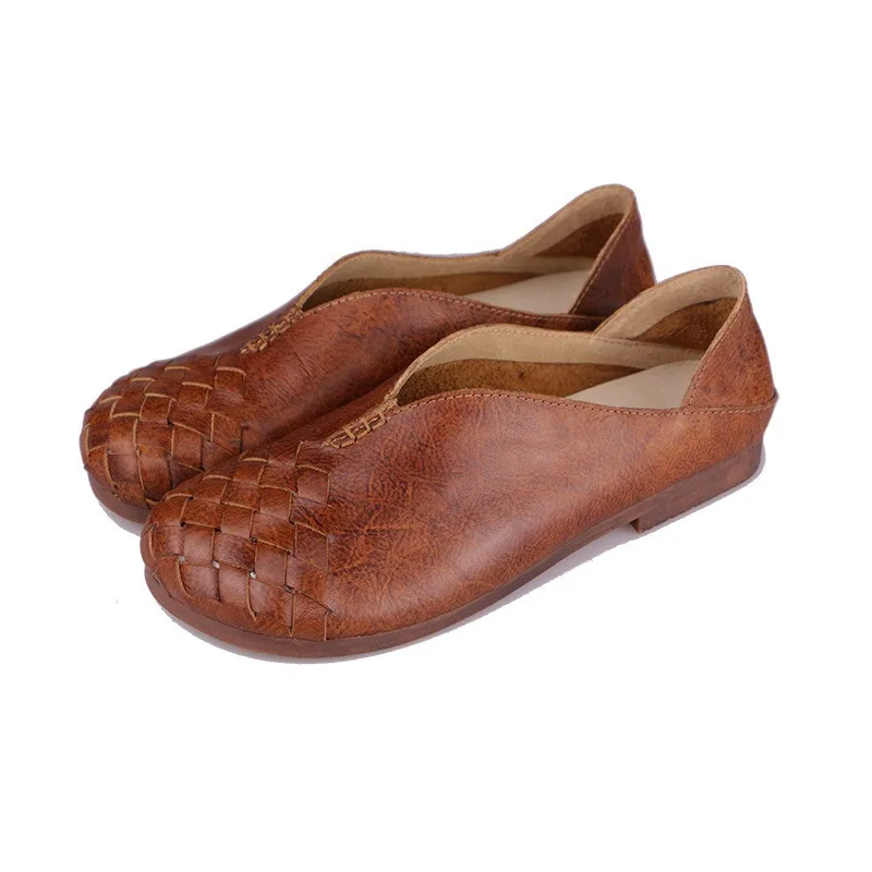 Birkuir weave Flats Shoes Retro Closed Toe Slippers For Women Round Toe Loafers Slip On Low Heels Genuine Leather Soft Soles