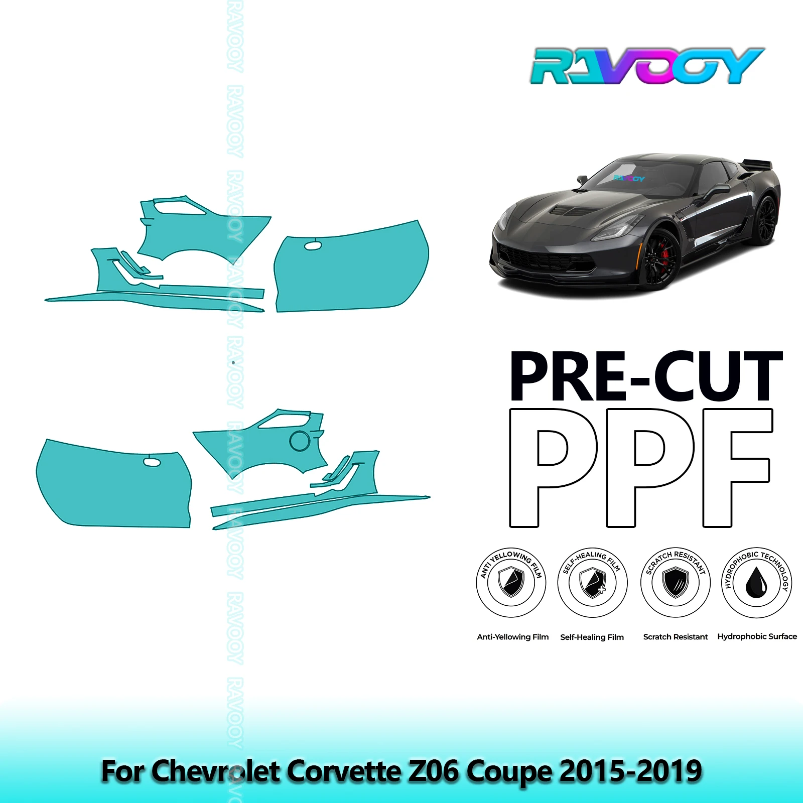 

For Chevrolet Corvette Z06 Coupe 2015-2019 8.5mil Clear Matte Pre-Cut PPF Door & A/B Pillar Kit TPU Paint Protection Film Set