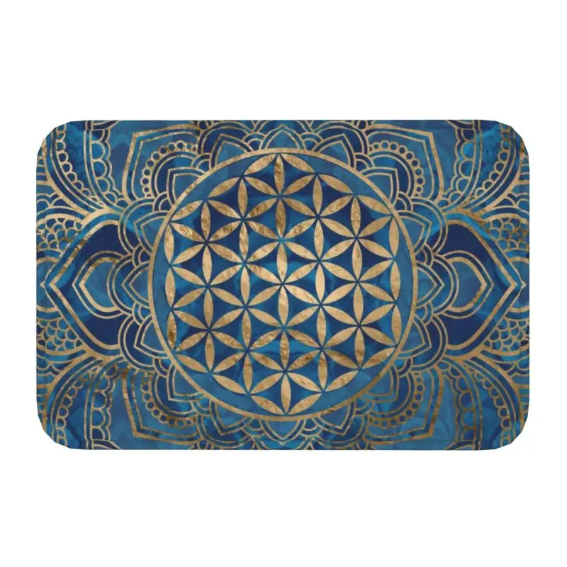 Flower Of Life In Lotus Mandala Carpet Front Door Mat Anti-Slip Waterproof Sacred Geometry Meditation Doormat Floor Bathroom Rug