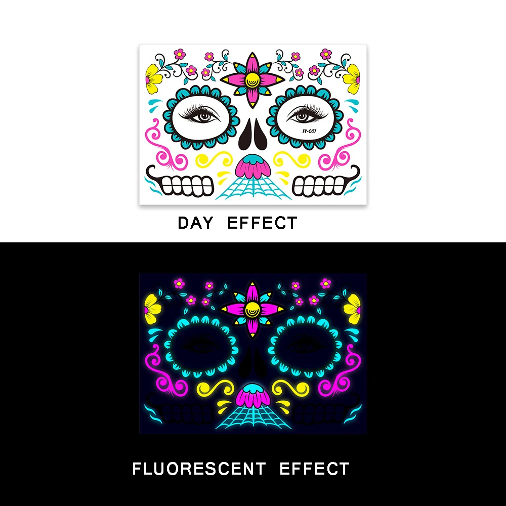 2022 Halloween Day Of The Dead Scary Luminous Temporary Tattoo Ghost Festival Skull Face Party Ball Makeup Sticker Flash Tattoo