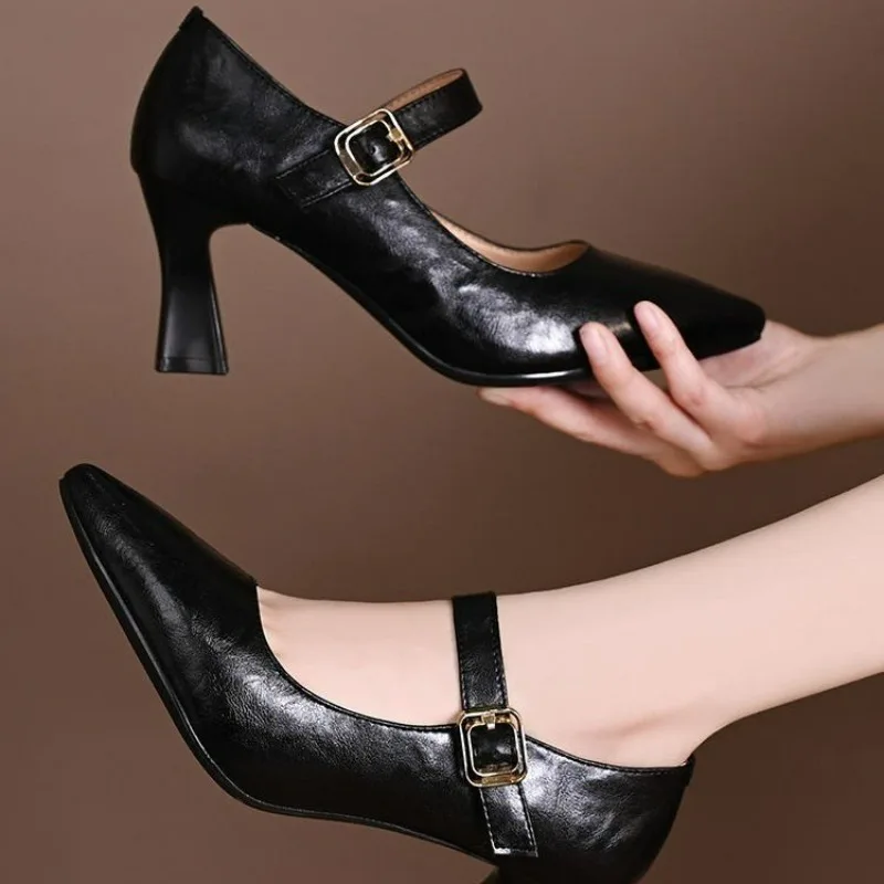 

Women's Cow Leather Metal Buckle Slip-on Pumps Pointed Toe 5cm Thin High Heel Elegant Ladies Evening Dress Heeled Shoes Woman