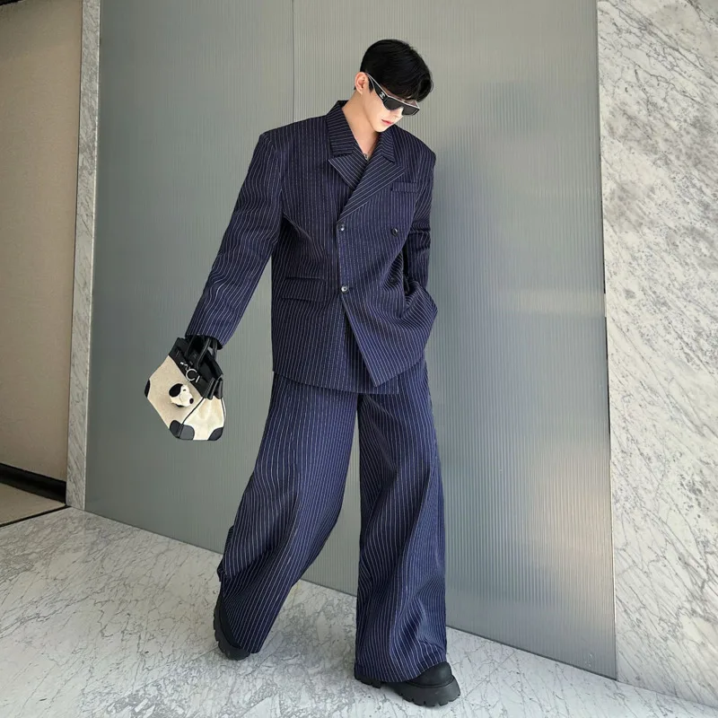 WVGA Spring Autumn New Men's Striped Wide-Shoulder Double-Breasted Blazer Niche Chic Casual Wide-Leg Pants Two Pieces Set W27061