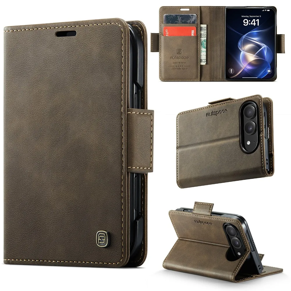 Retro Solid Color Leather Magnetic Flip Phone Cover for iPhone Duo with Built-in Cash Pocket & Card Slots