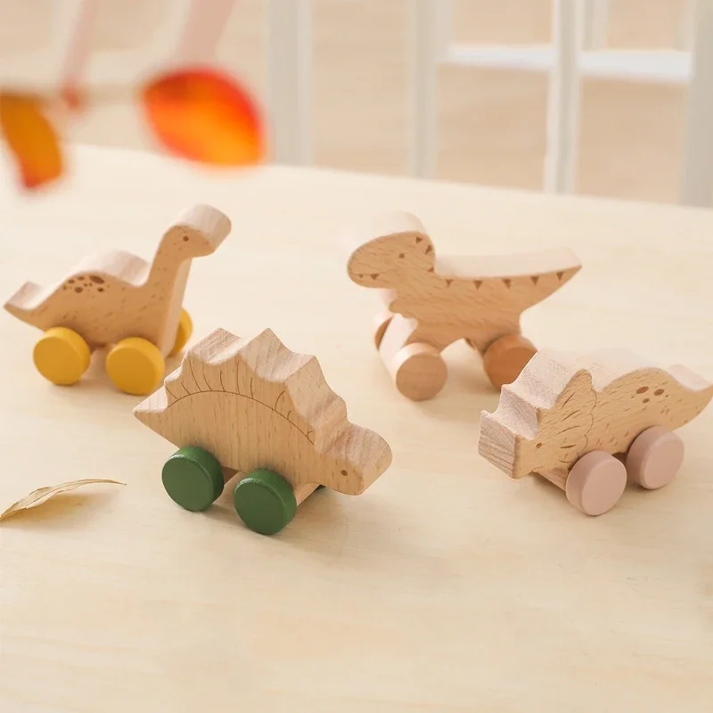 1PC Baby Wooden Toys Beech Wood Cartoon Dinosaur Car Montessori Educational Toys Boy Girl Baby 0-12 Months Toys Newborn Gifts