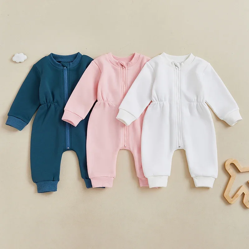 0-18 Months Newborn Baby Boys Girls Fleece Romper Solid Color Long Sleeve Zipper Front Full Length Jumpsuit