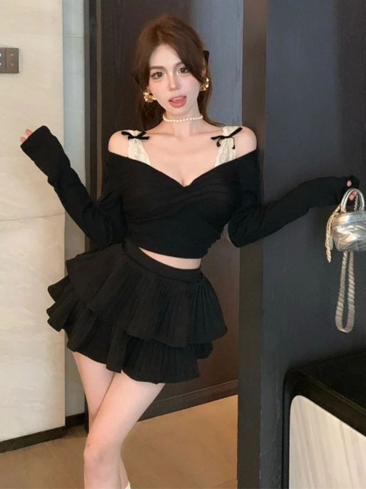 Camisetas Y2k de encaje de retales estéticos para mujer, camisetas de manga larga Grunge con agradable arco picante, ropa de calle recortada, camisetas ajustadas