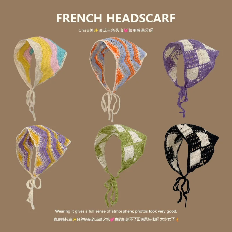 Knit Triangle Hair Scarf French Vintage Style Cute Floral Crochet Head Wrap For Women Daily Casual Outdoor Vacation Gift Premium