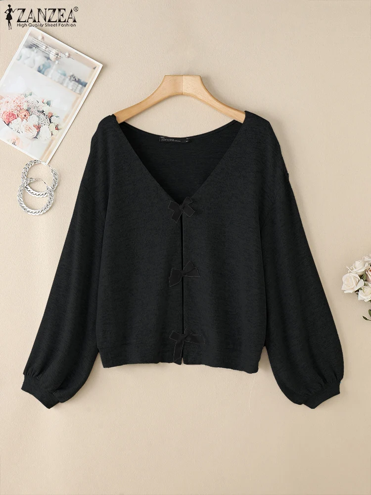 

ZANZEA Lantern Sleeves Women's Shirts 2025 Elegant V Neck Bowknot Blouses Terry Knitted Casual Loose Korean Fashion Blusas Mujer